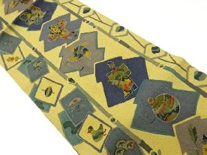 縮緬地金彩色紙散らしに玩具・竹模様開き名古屋帯（額縁仕立て）